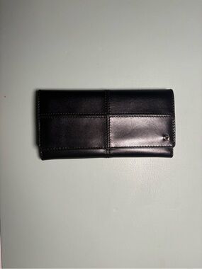 Etienne Aigner Black Quilted Long Wallet with Gold Snap and Checkbook Holder